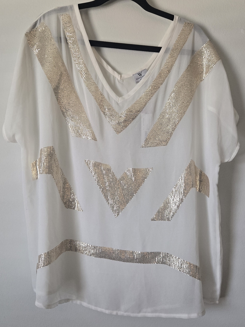Off White V-Neck Sequin Chevron Top